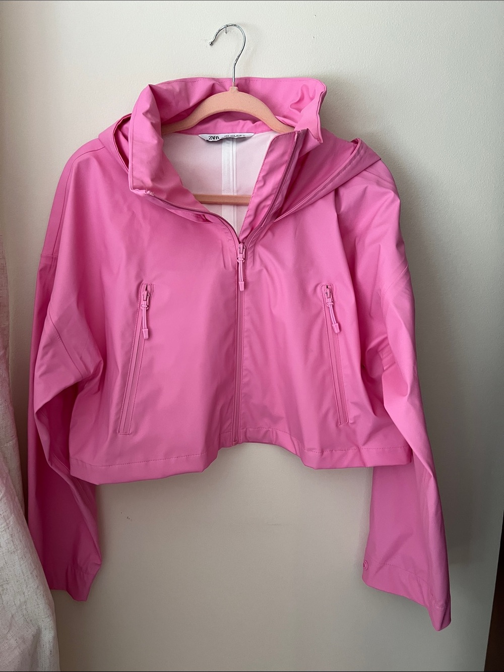 Zara Women's Pink Hooded Crop Rain Jacket